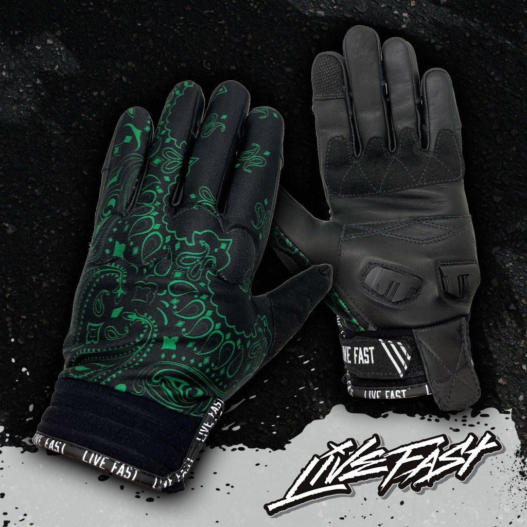 Classic Black & Green Paisley Motorcycle Gloves