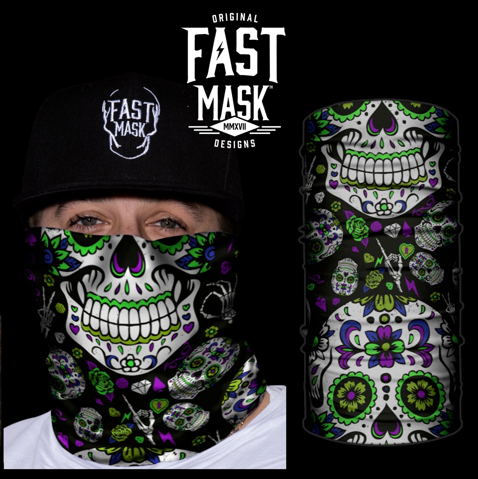 Sugar Skull Neck Gaiter - Green - Live Fast Gear
